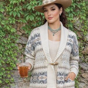 CHAPS Cream Fair Aisle Coastal Cowgirl Cardigan, M